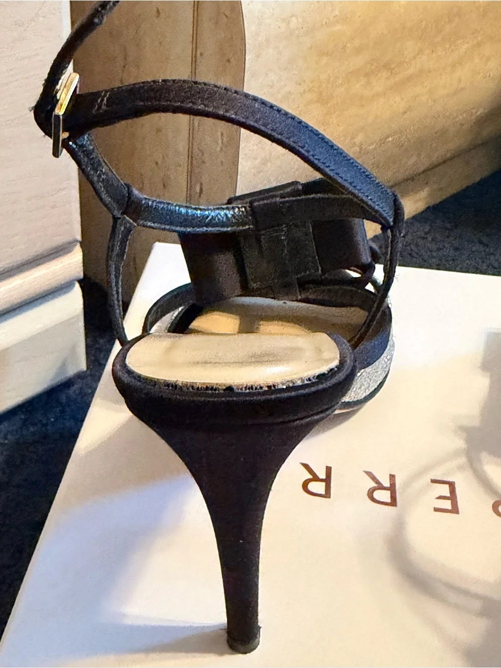 kate spade Black Satin Bow Silver Glitter Strappy Heels